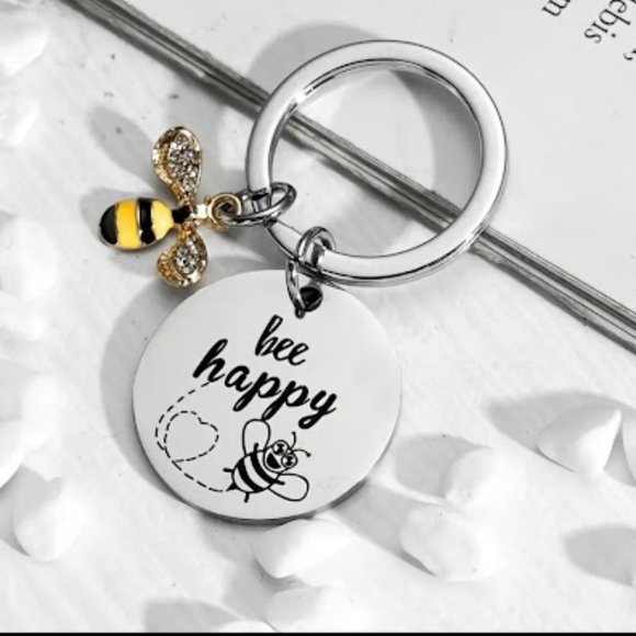 Bee Happy Inspirational Keychain Stainless Steel Measures approx 1" x 2.2" - Picture 2 of 5